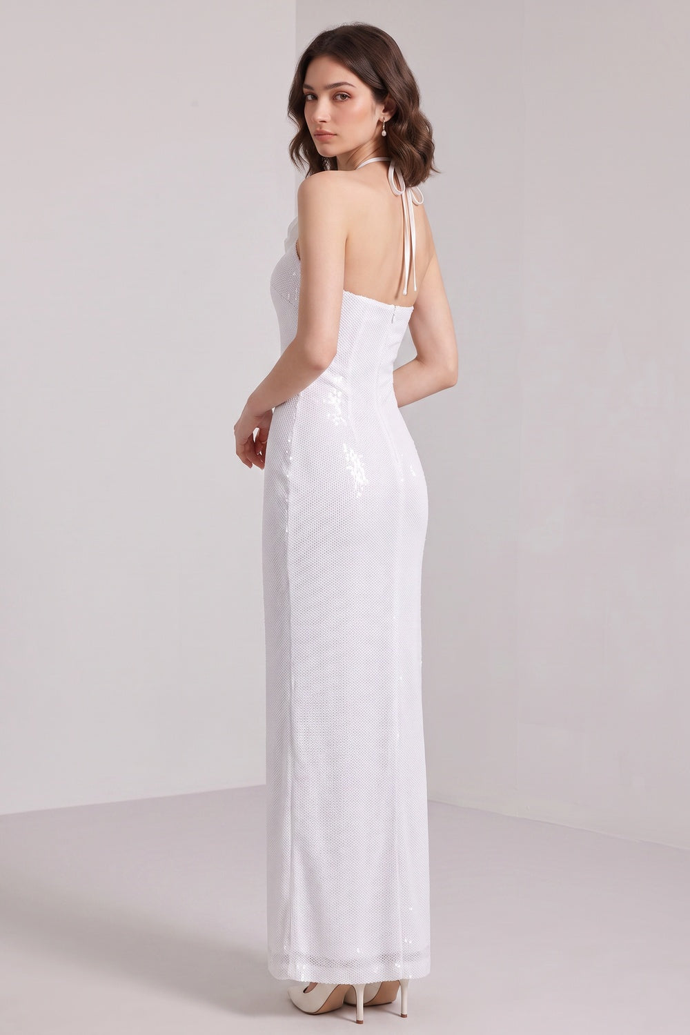 WHITE SEQUIN MESH COLUMN DRESS FLOWER EMBELLISHMENT