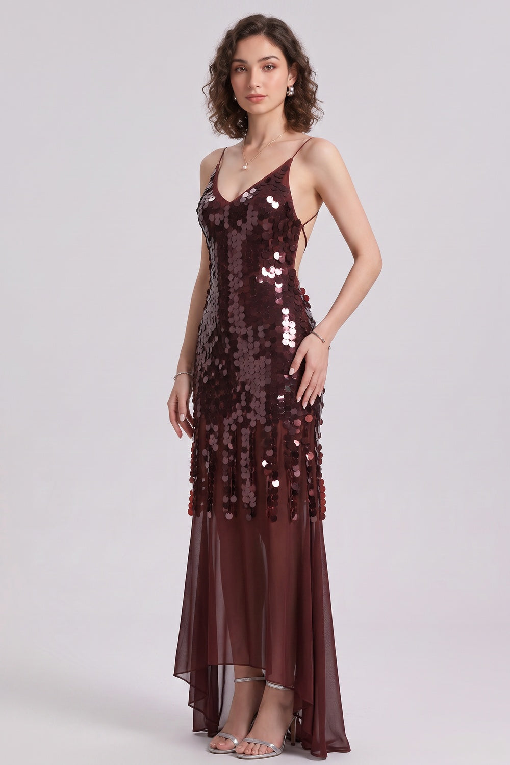 53289b5ddd6ff97e BURGUNDY SEQUIN SHEATH DRESS WITH FLARED SHEER SKIRT