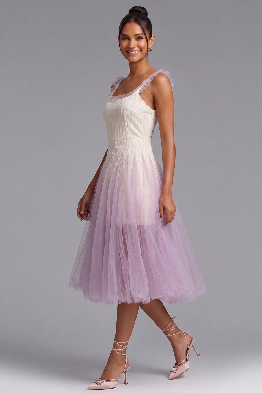 GRADIENT TULLE MIDI DRESS RUFFLE STRAPS WEDDING GUEST