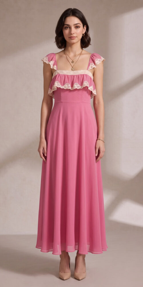 5369b1e778eae7f8 PINK LACE RUFFLE MAXI DRESS FOR WEDDING GUEST