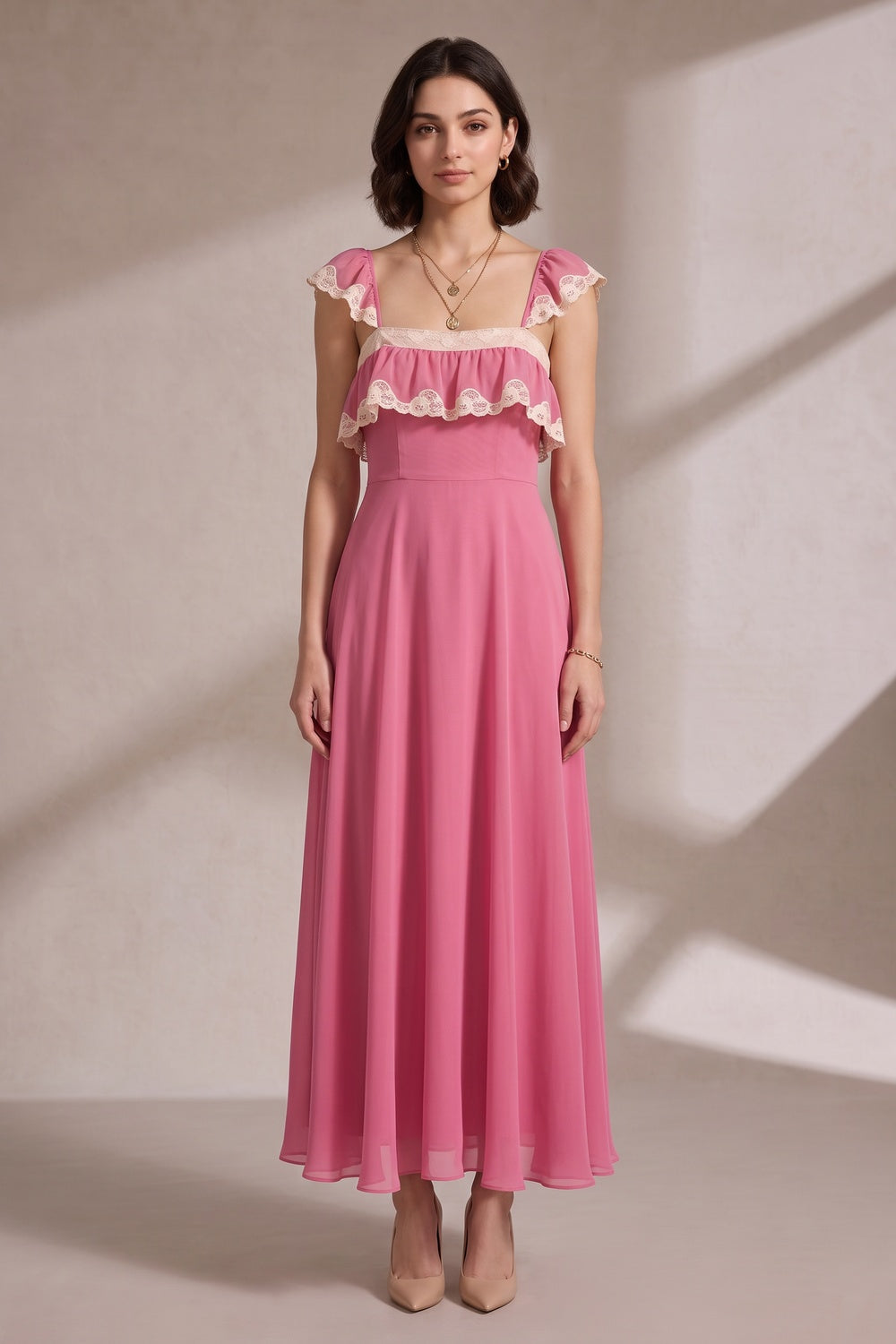 5369b1e778eae7f8 PINK LACE RUFFLE MAXI DRESS FOR WEDDING GUEST