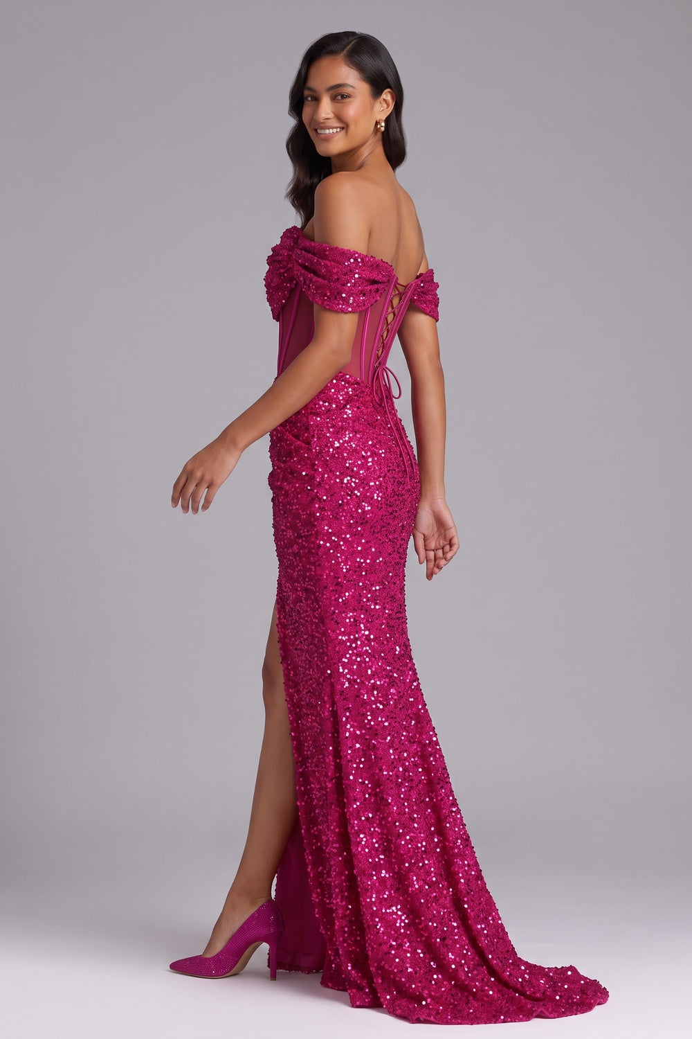 538888b9553ddbe5 HOT PINK SEQUIN OFF-SHOULDER MERMAID PROM GOWN