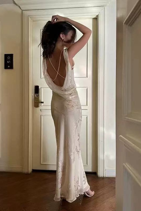 5405504006cba8ee32661dc04ce33854 DRAPED COWL BACKLESS FLORAL JACQUARD MERMAID MAXI DRESS