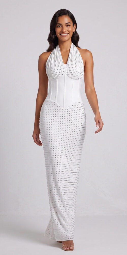 541645d9fc15ec0f WHITE STRUCTURED KNIT COLUMN GOWN