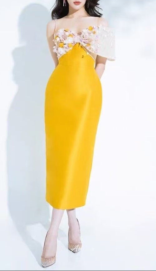 3D FLORAL SATIN BODYCON MIDI DRESS