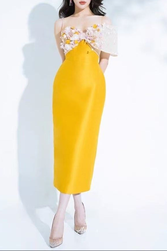 3D FLORAL SATIN BODYCON MIDI DRESS