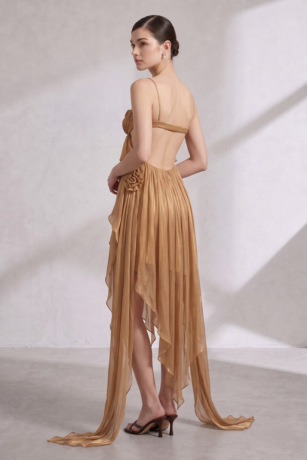 542e40b9cfe658b3 GOLD SHEER CHIFFON ASYMMETRICAL HIGH-LOW DRESS, OPEN BACK