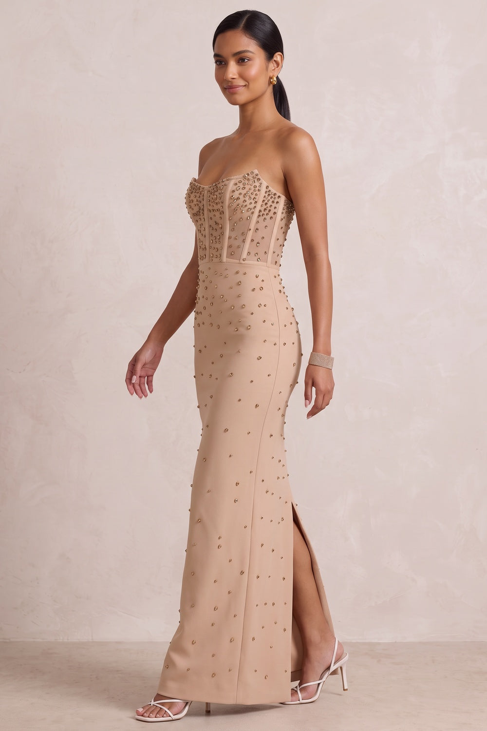 5479197a0103b040 BEIGE STRAPLESS STUDDED MAXI GOWN