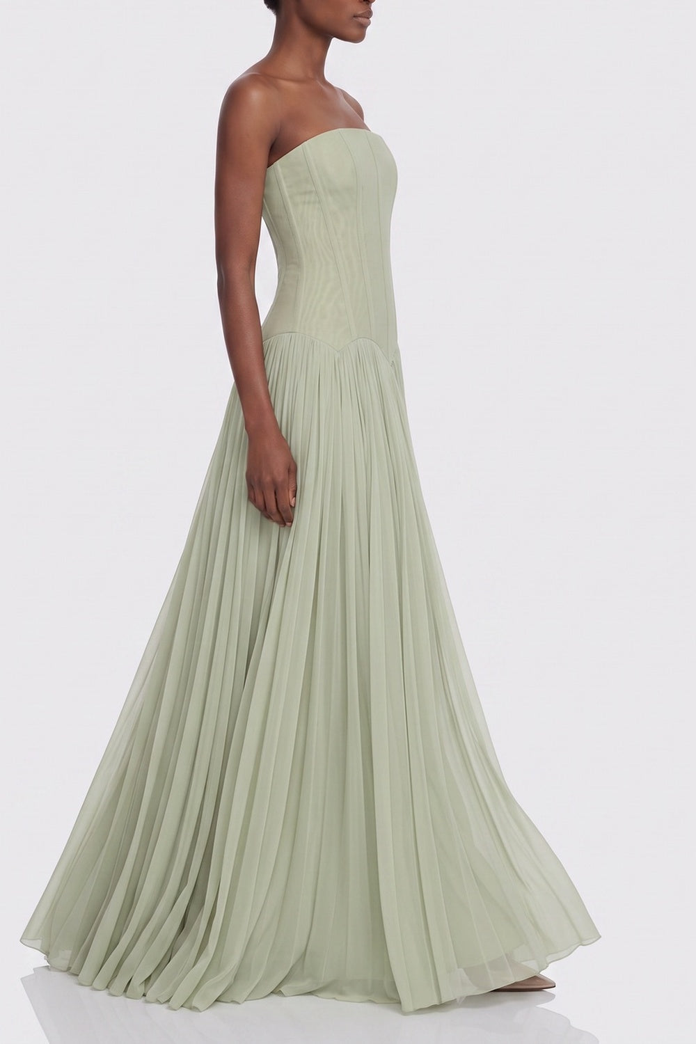 54c2649049a4a20e STRAPLESS CORSET PLEATED CHIFFON MAXI GOWN