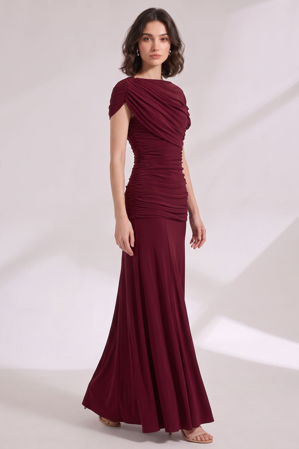 54c95a06bc8a5907 BURGUNDY FITTED BODICE FLARED GOWN | EVENING PARTY DRESS