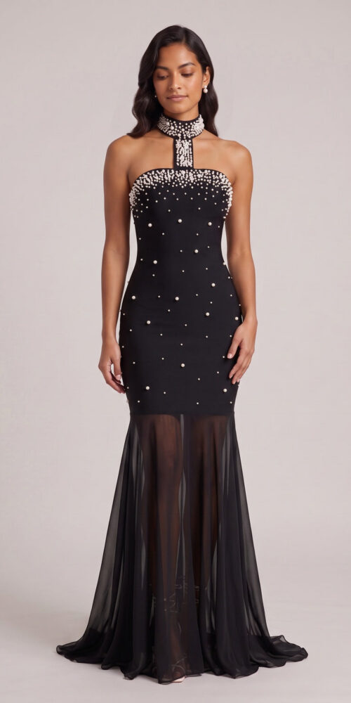 551af5901c8e55d9 BLACK PEARL HALTER MERMAID EVENING GOWN