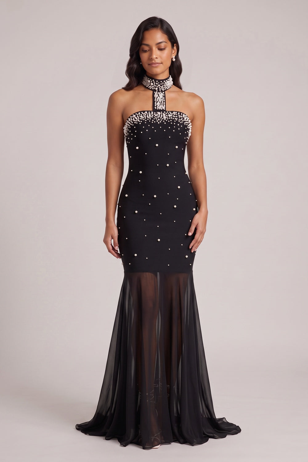 551af5901c8e55d9 BLACK PEARL HALTER MERMAID EVENING GOWN