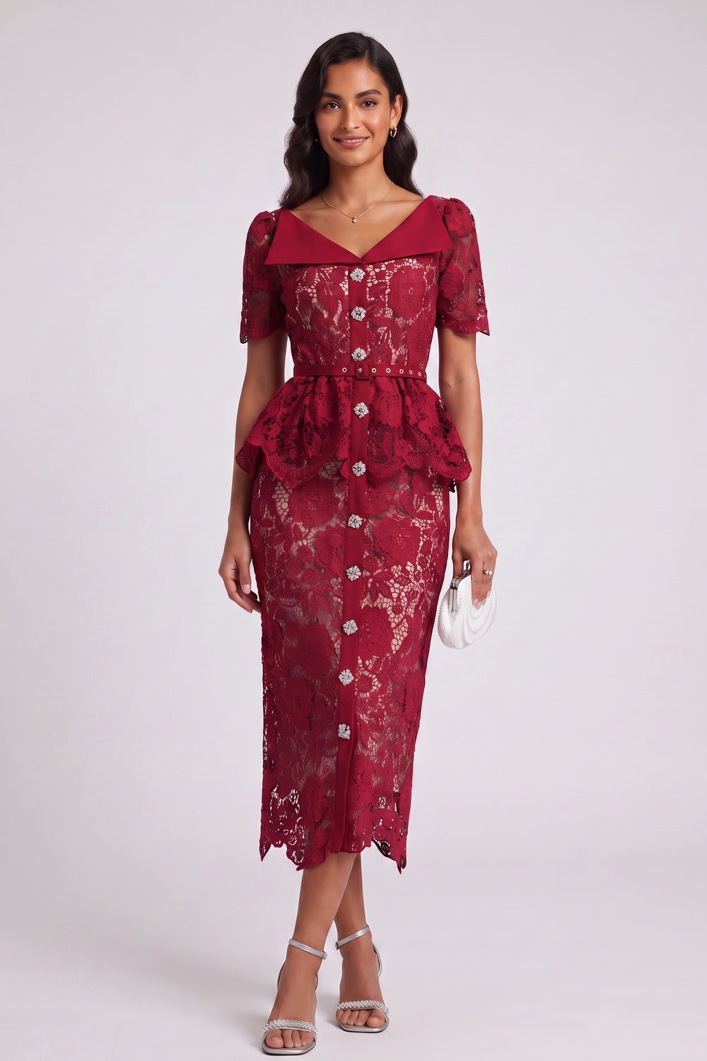 DARK RED PEPLUM LACE SHEATH DRESS, FORMAL