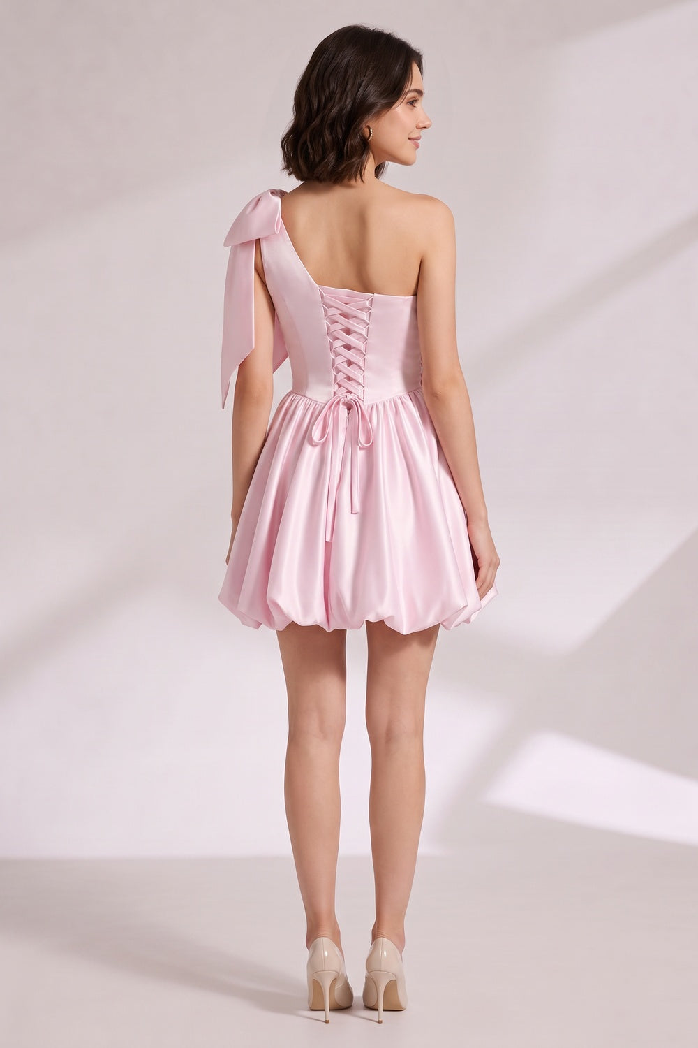 5540098b3aa424a2 LIGHT PINK ONE-SHOULDER BOW MINI DRESS