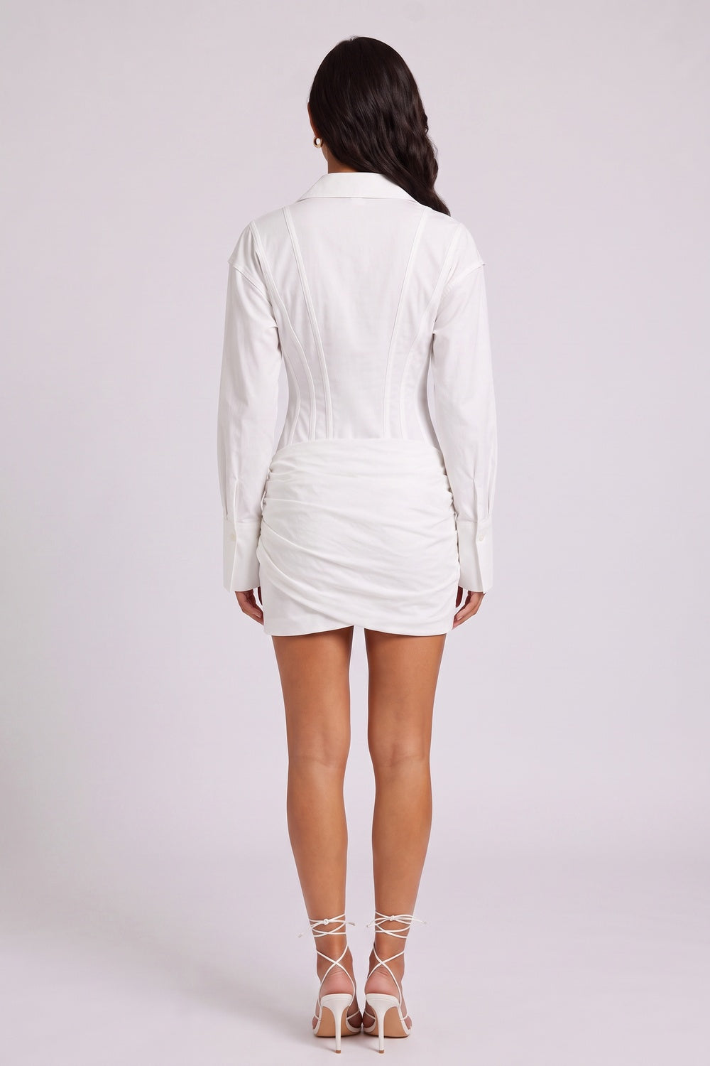 557ab5d254a99a29 WHITE CORSET WRAP MINI DRESS, LONG SLEEVE TWIST