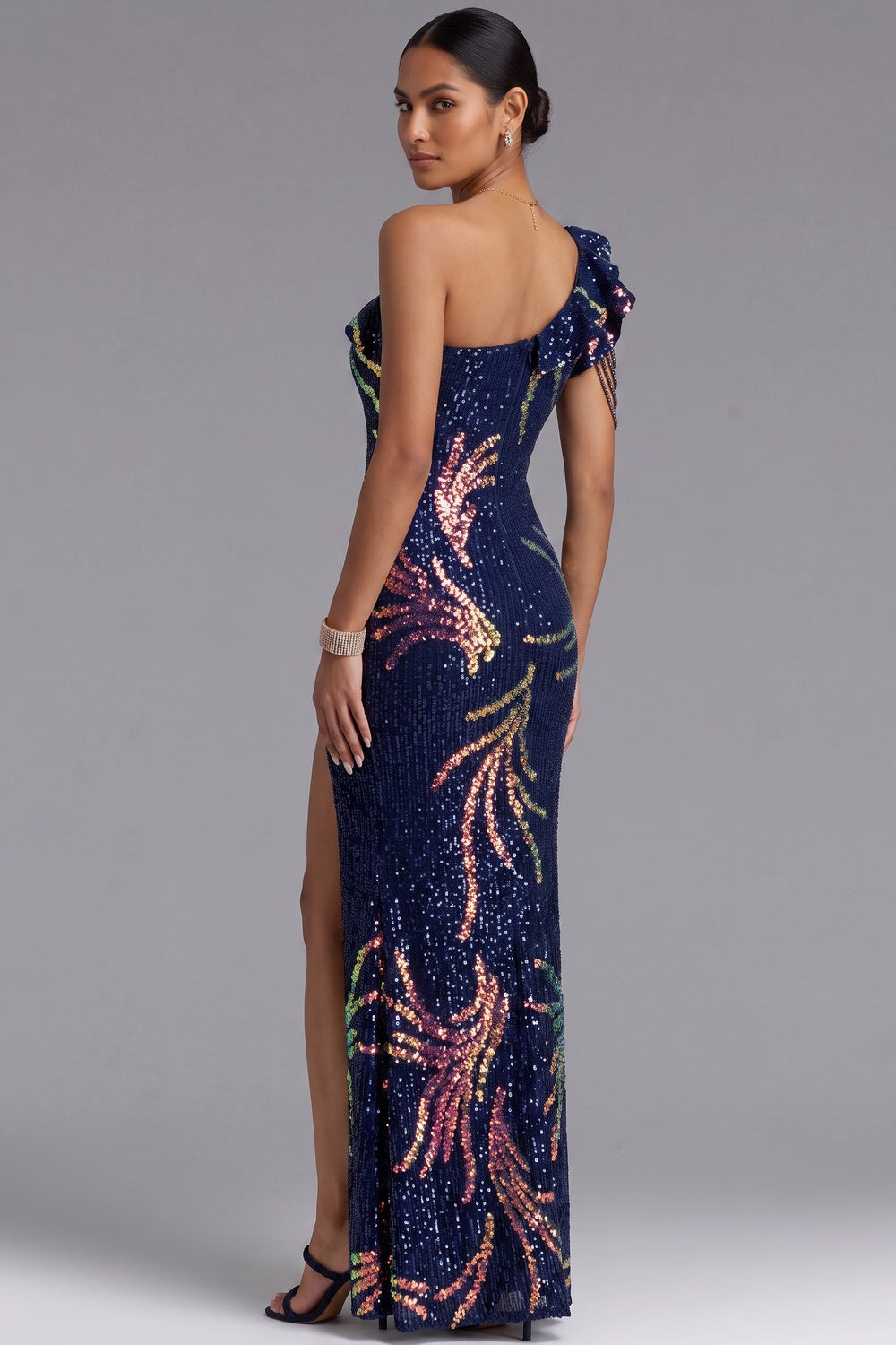 55b9ecd129d877d9 NAVY BLUE ONE-SHOULDER SEQUIN MAXI GOWN