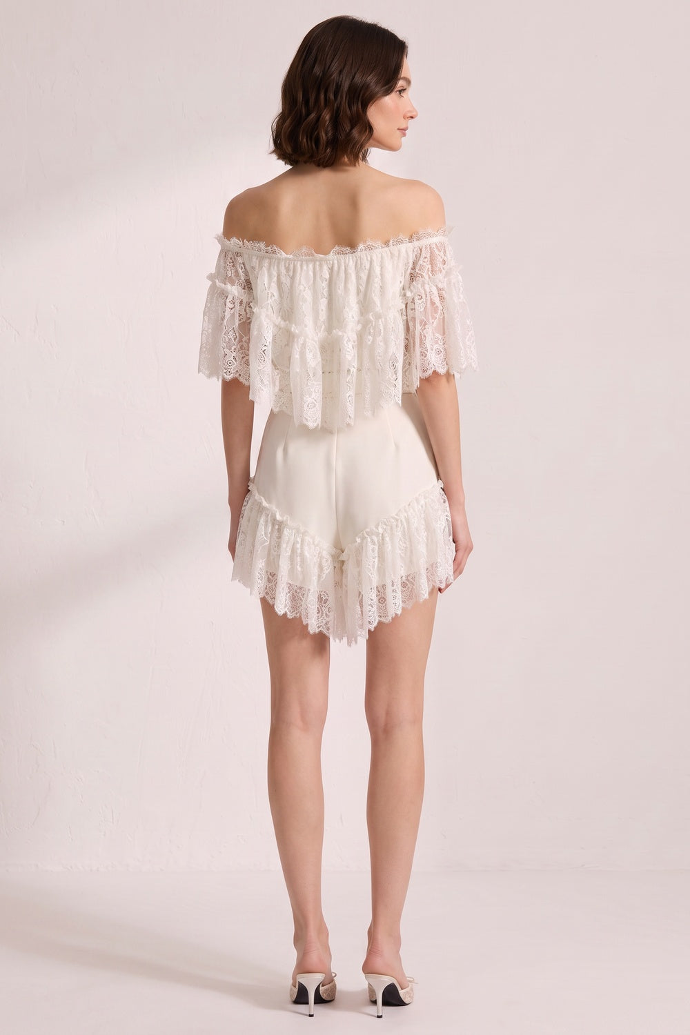 OFF-SHOULDER LACE SATIN BOW 2PC SHORT SET