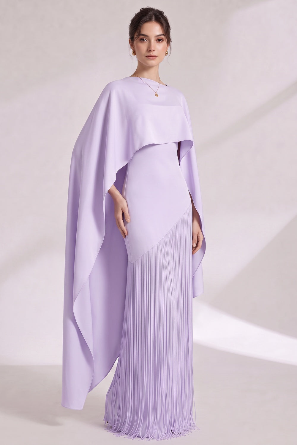 LAVENDER CAPE COLUMN EVENING GOWN, ASYMMETRICAL OVERLAY