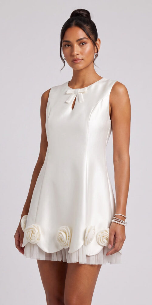 WHITE MINI DRESS ROSE APPLIQUÉ BOW DETAIL COCKTAIL