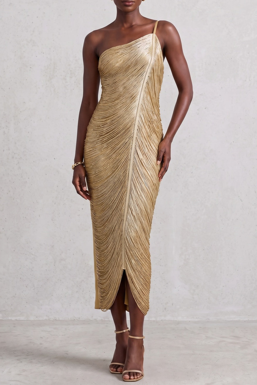 561aa1ee7a108e0e ONE SHOULDER METALLIC RUCHED MIDI DRESS
