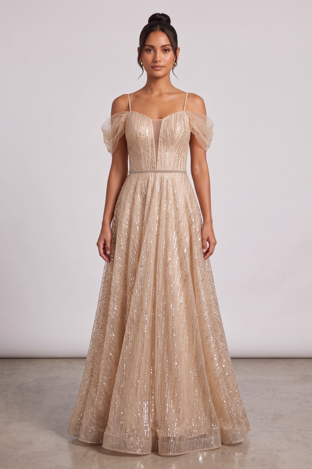 561b7a31ddd4f993 CHAMPAGNE GLITTER TULLE A-LINE EVENING GOWN
