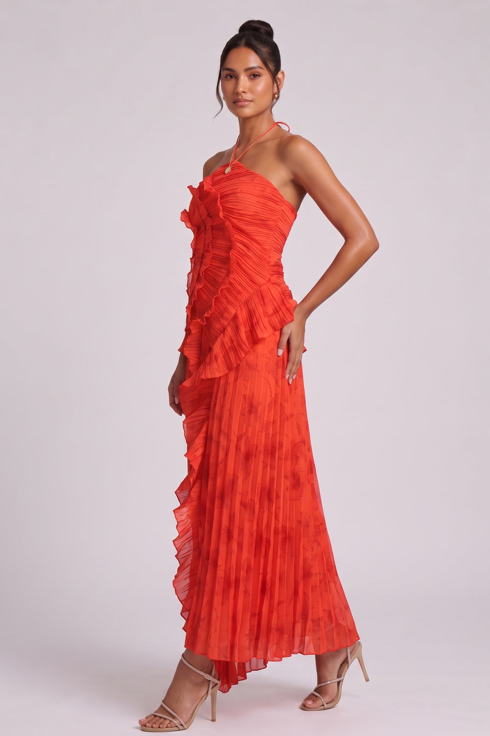 561bfc25fe59be23 RED CHIFFON A-LINE MAXI DRESS CASCADING RUFFLES