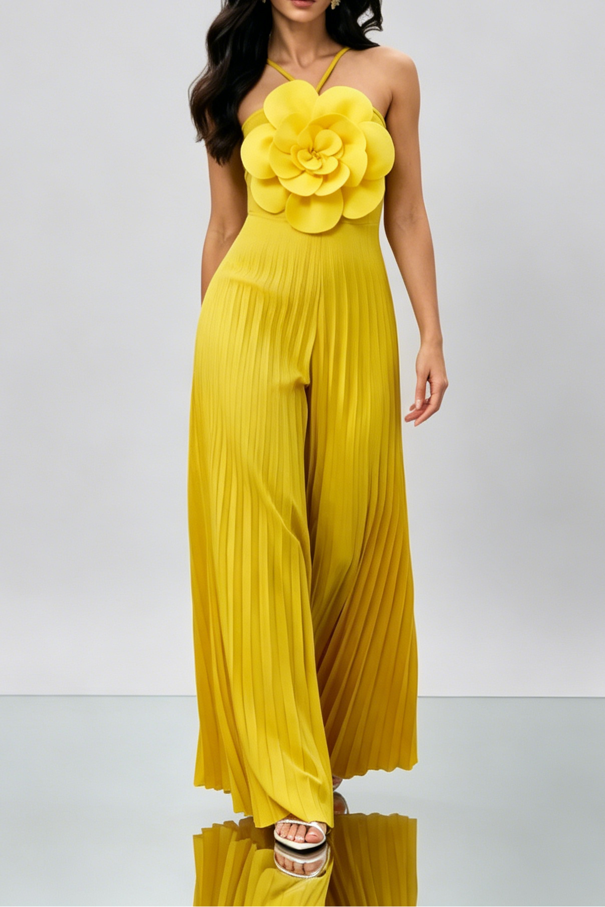 562a15828f1a3ec00014642703cd3366 BRIGHT YELLOW 3D FLORAL HALTER WIDE LEG JUMPSUIT