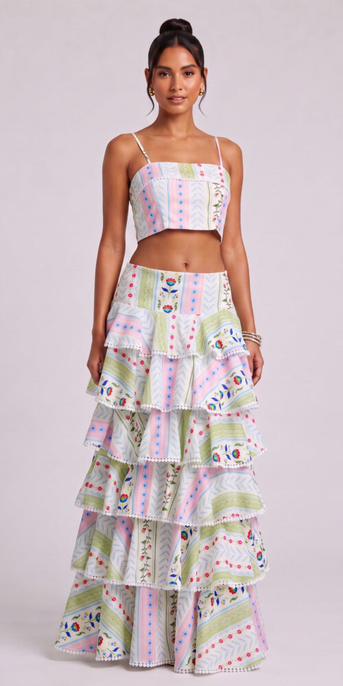 TWO-PIECE SET | TIERED MAXI SKIRT | POM-POM TRIM