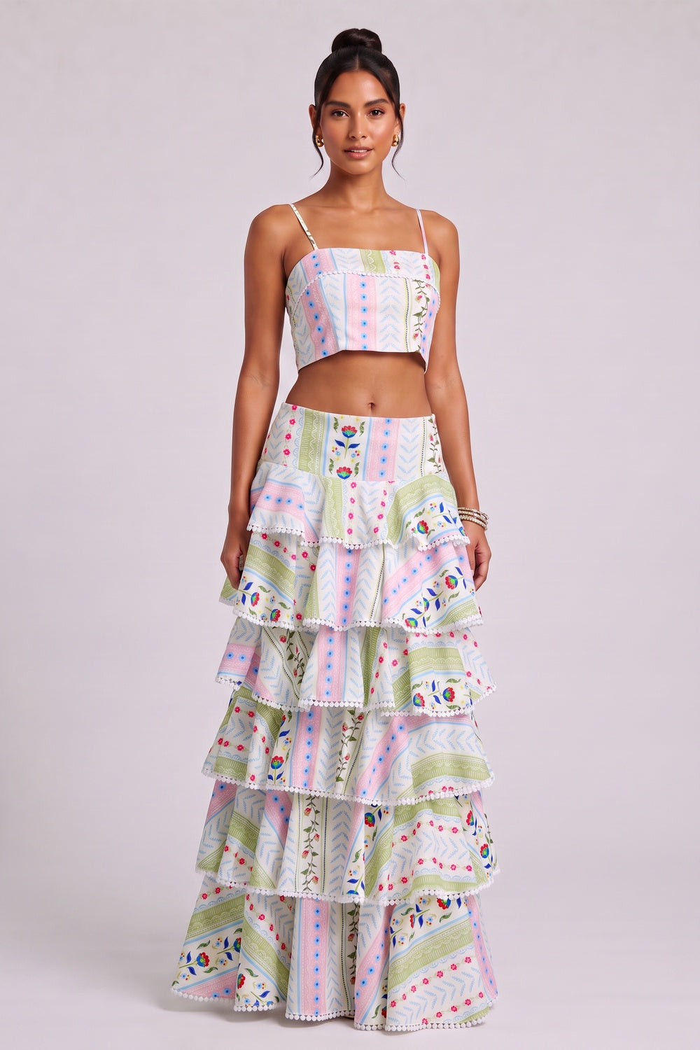 5670e84f2b80b775 TWO-PIECE SET | TIERED MAXI SKIRT | POM-POM TRIM