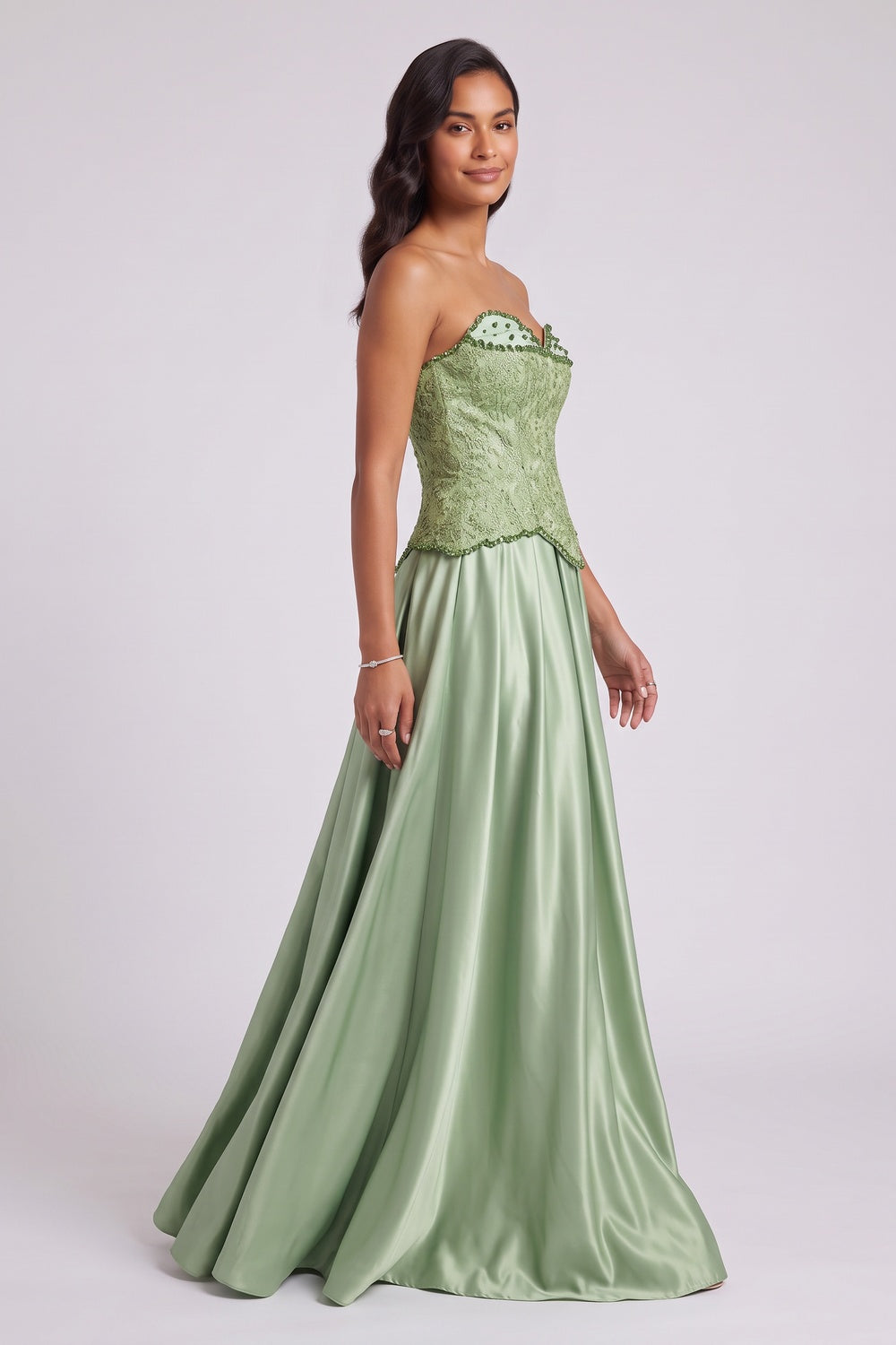 5673e7250aeab3bc SAGE GREEN STRAPLESS EMBELLISHED GOWN, FLOOR-LENGTH FORMAL