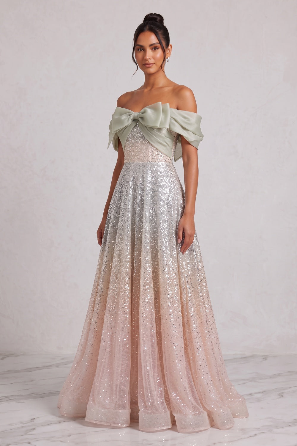 5700f9619888e60e SILVER SEQUIN TULLE A-LINE EVENING GOWN
