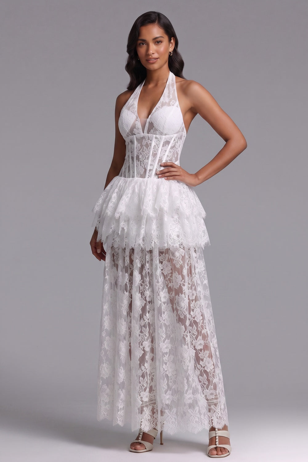 WHITE LACE CORSET PEPLUM DRESS TIERED SKIRT WEDDING GUEST