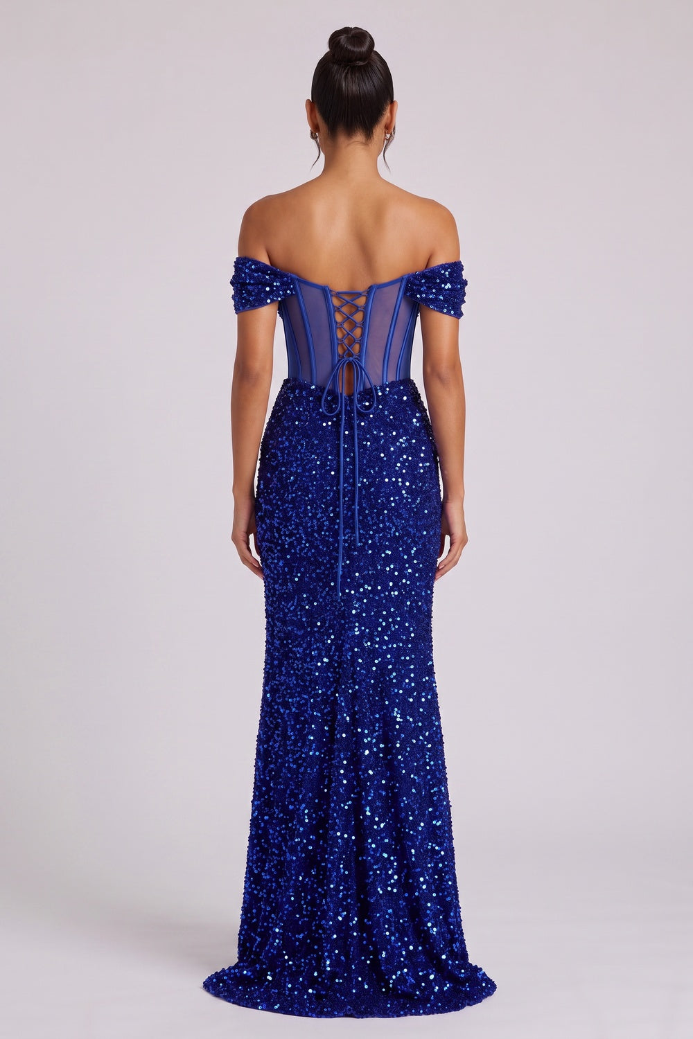 ROYAL BLUE SEQUIN OFF-SHOULDER CORSET BACK GOWN