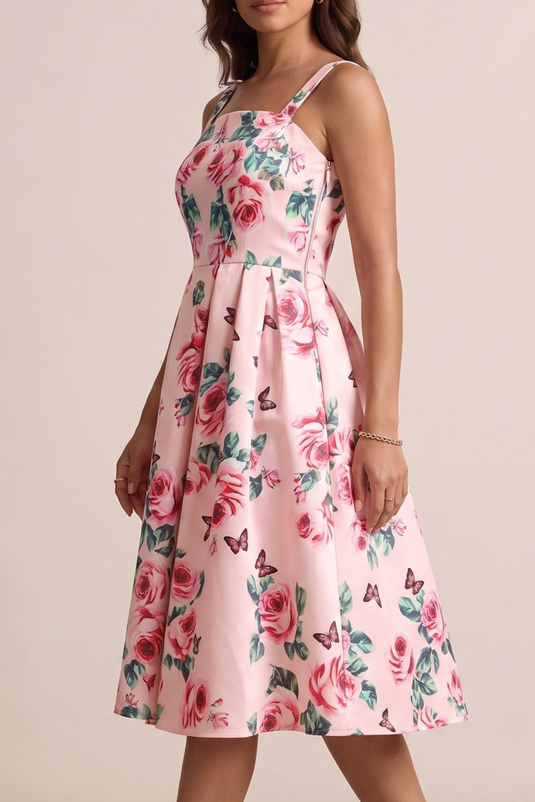 57f2bd143e30ce27 PINK ROSE PRINT SQUARE NECK FIT-FLARE MIDI DRESS