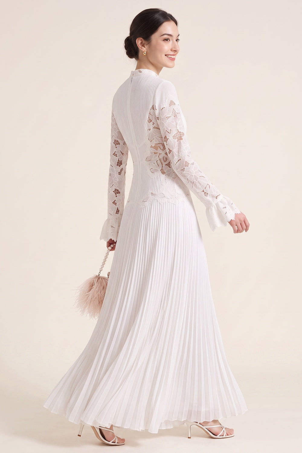 WHITE PLEATED GEORGETTE A-LINE LACE GOWN FOR WEDDING GUEST