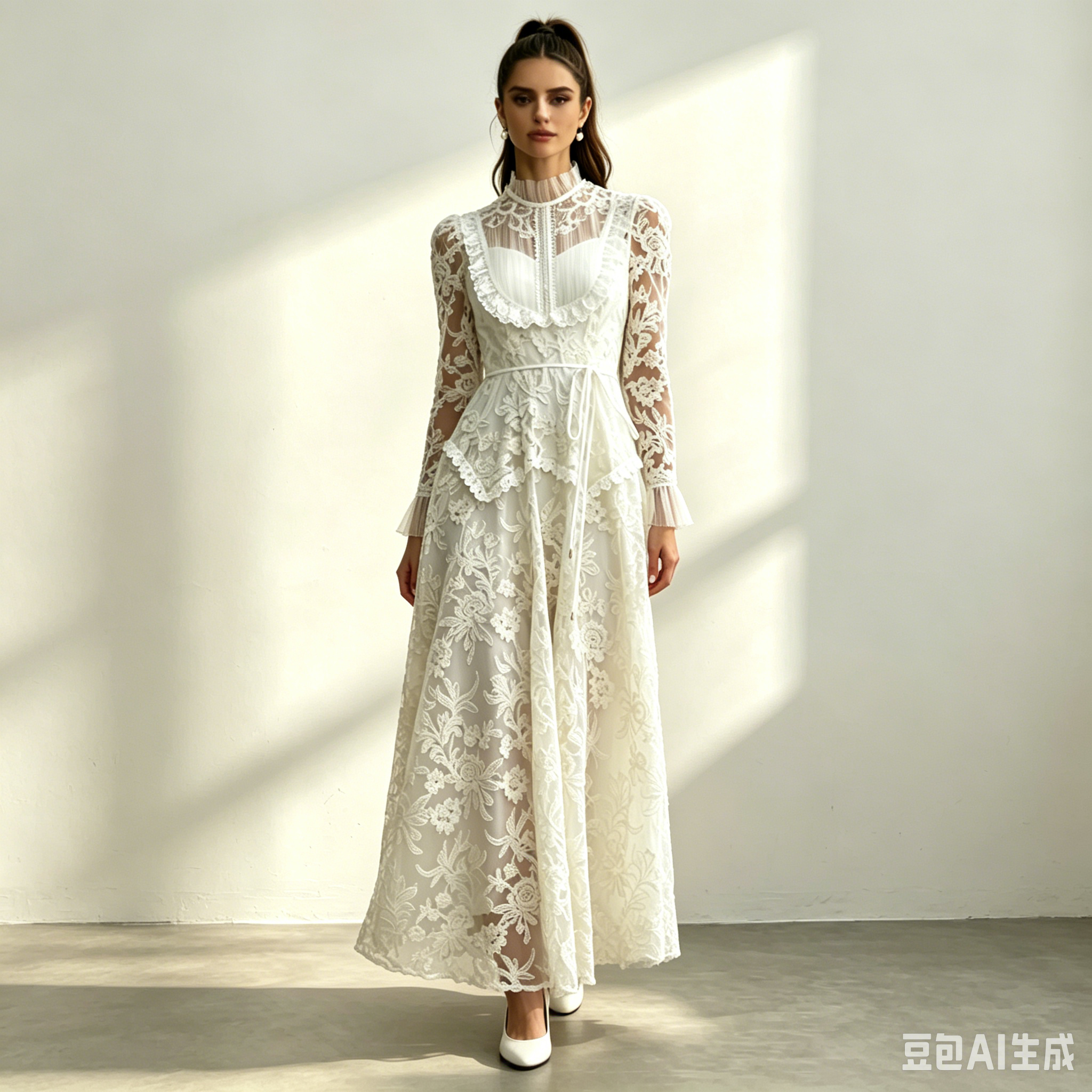 58_118ba5ee-b372-4cf2-bb0a-bc8ce778fa74 CREAM LACE RUFFLE HIGH NECK BELTED MAXI DRESS
