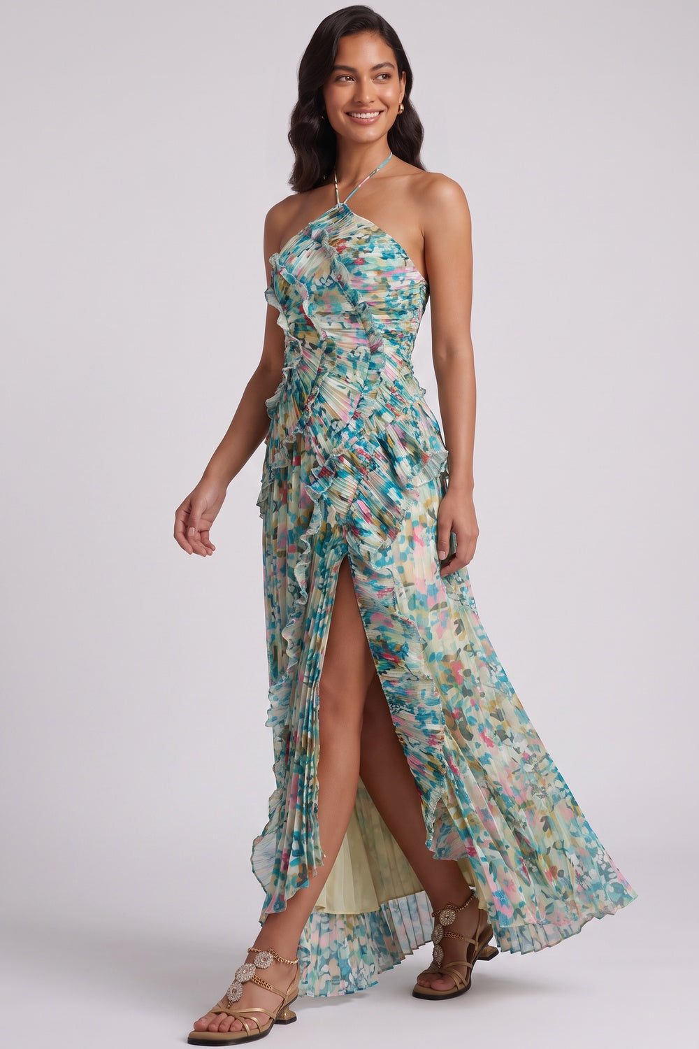 GREEN CHIFFON A-LINE MAXI DRESS HIGH SLIT RUFFLED