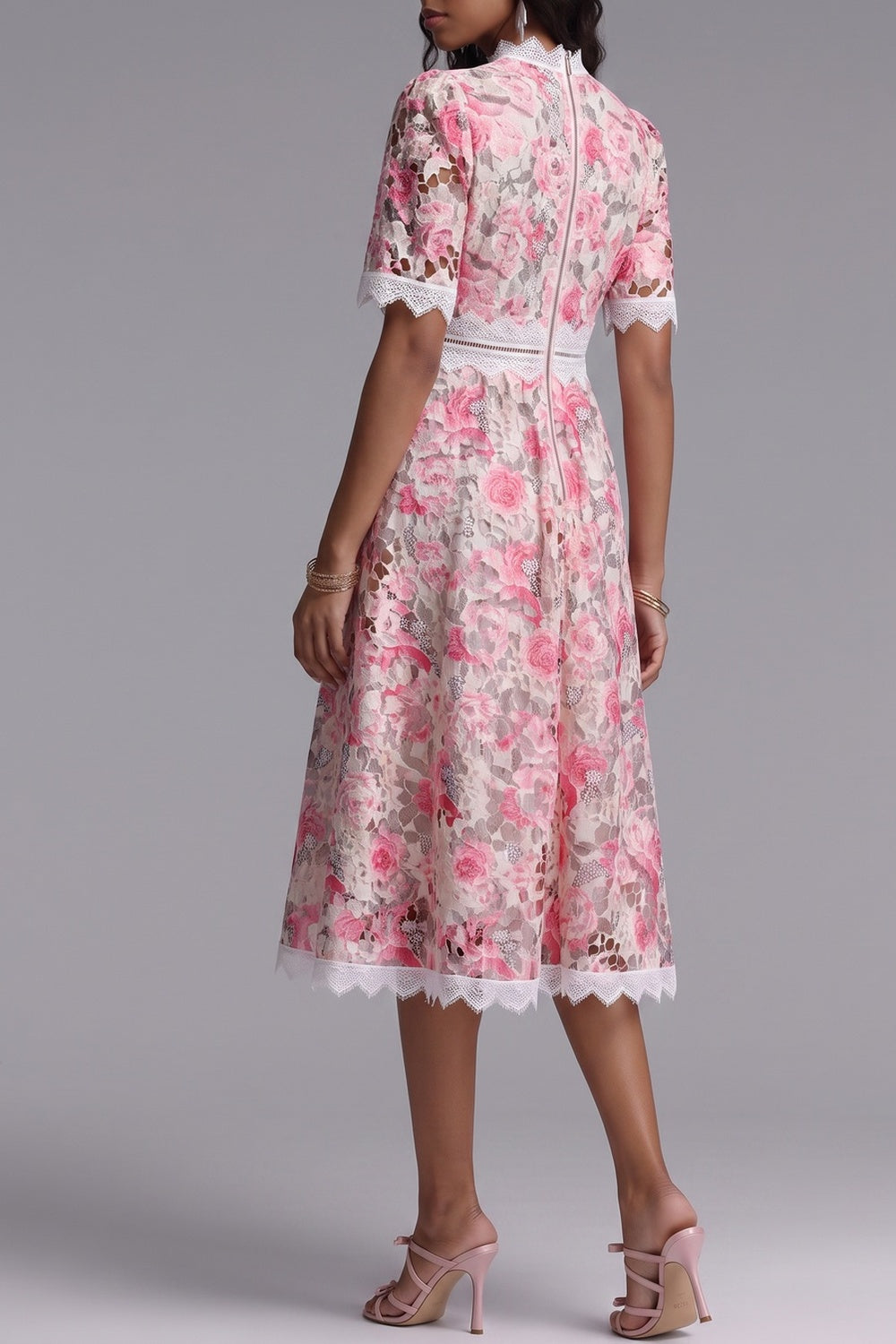 58b4c9e99e65cafe PINK LACE MIDI DRESS, FLORAL CUTOUT, WEDDING GUEST