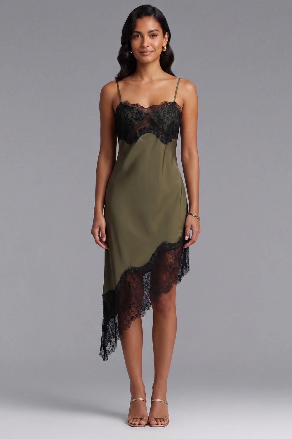 58dc686a1abda596 OLIVE SATIN ASYM LACE SLIP DRESS, EVENING