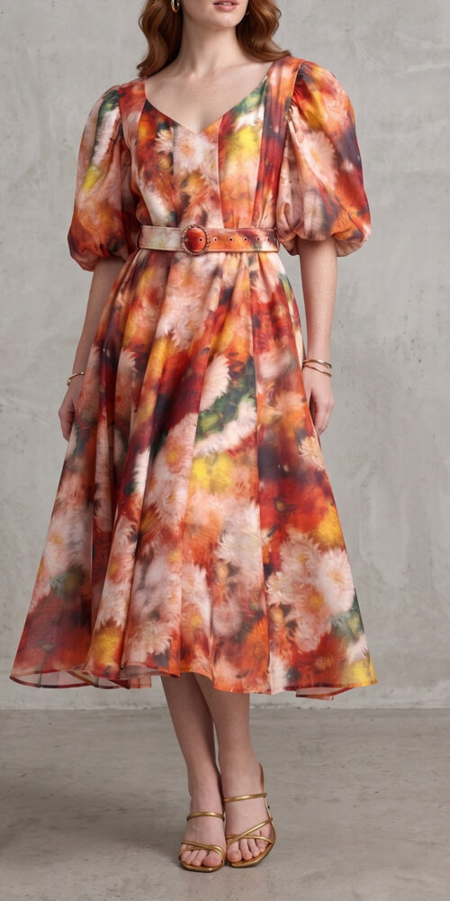 58fbbfba4c8eec93 V-NECK PUFF SLEEVE FLORAL BELTED MIDI DRESS