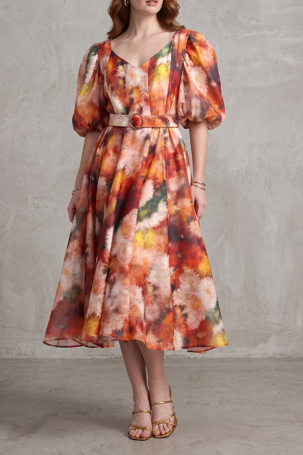 58fbbfba4c8eec93 V-NECK PUFF SLEEVE FLORAL BELTED MIDI DRESS