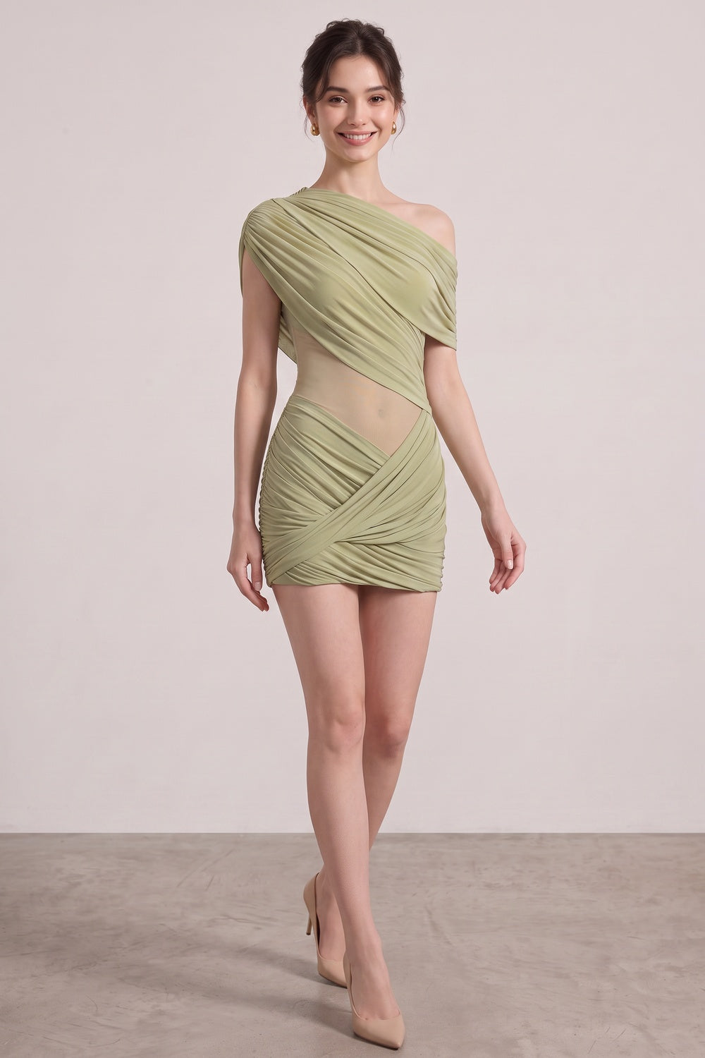 59a91026fadc1c8f SAGE GREEN ASYMMETRIC DRAPED COCKTAIL MINI DRESS