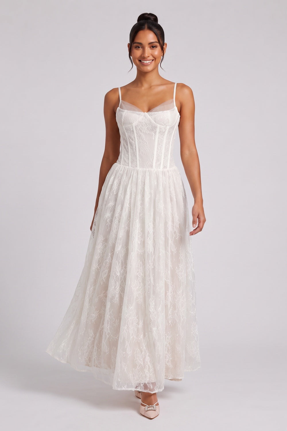 59cbaedeb28d91e3 WHITE LACE CORSET MIDI DRESS FOR WEDDING GUEST