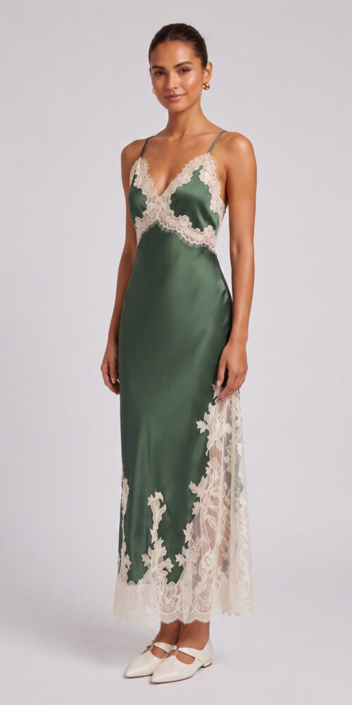 59f10e570057e838 FOREST GREEN SATIN SLIP DRESS LACE WEDDING GUEST