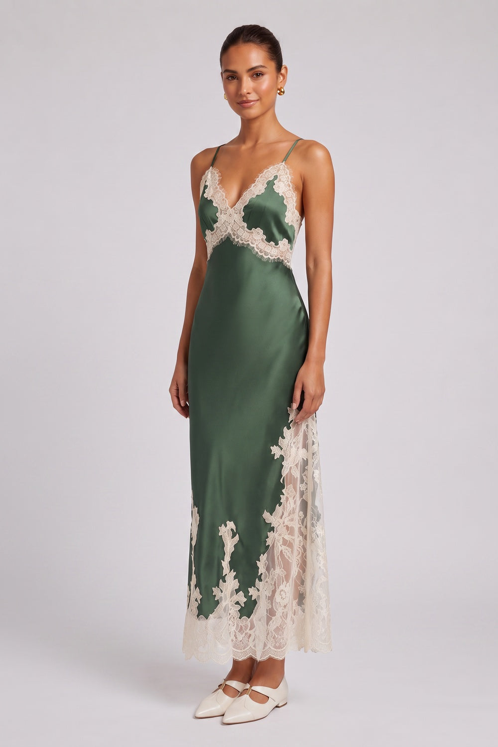 59f10e570057e838 FOREST GREEN SATIN SLIP DRESS LACE WEDDING GUEST