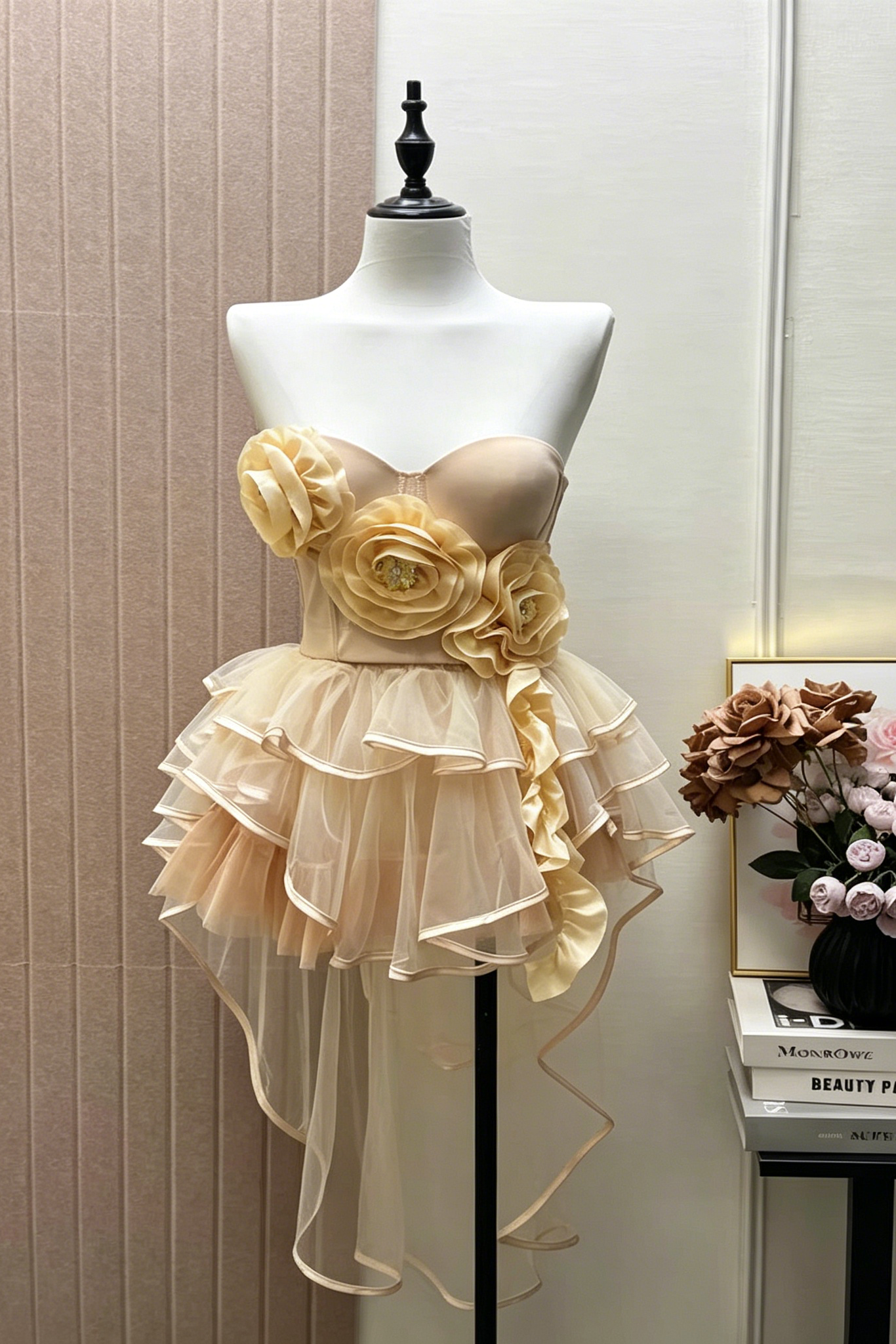 5_2954eaac-b48f-499a-b505-431ed2c4040f CHAMPAGNE STRAPLESS 3D FLORAL CORSET TOP & HIGH LOW RUFFLE TULLE SKIRT SET