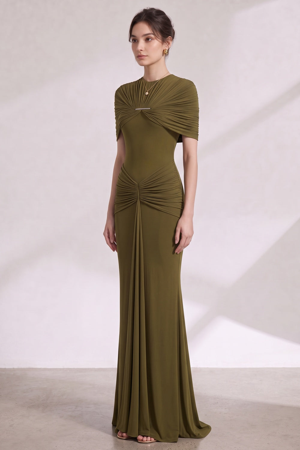5a0fce5b7af0298f OLIVE GREEN RUCHED COLUMN GOWN STRETCH JERSEY