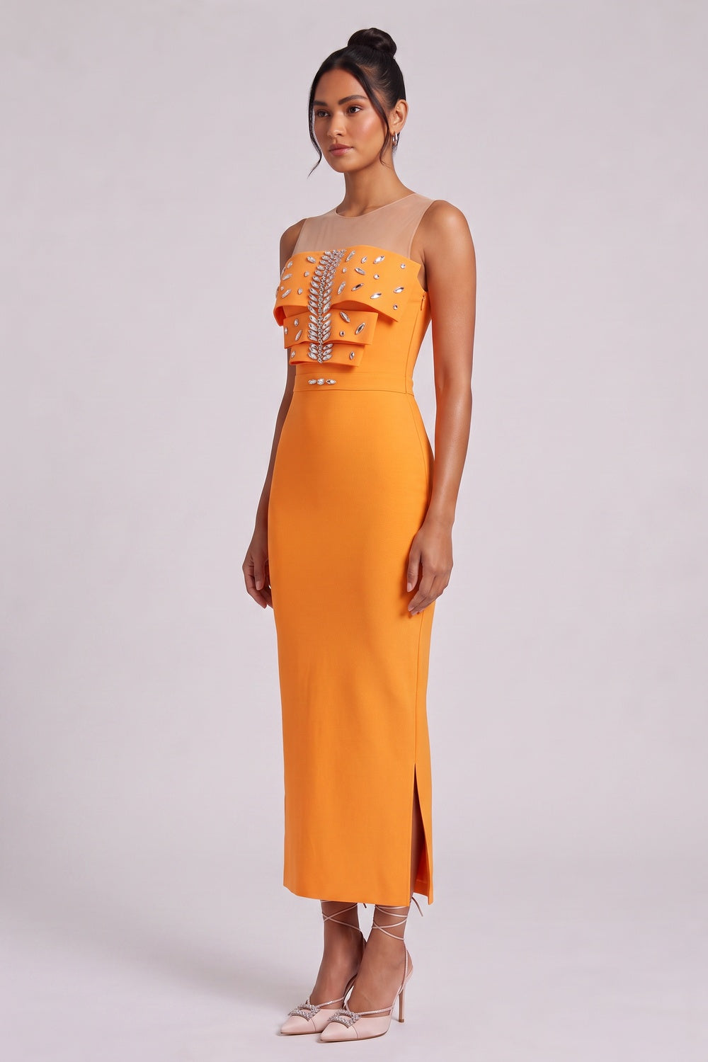 ORANGE RUFFLE MIDI DRESS FOR WEDDING GUEST