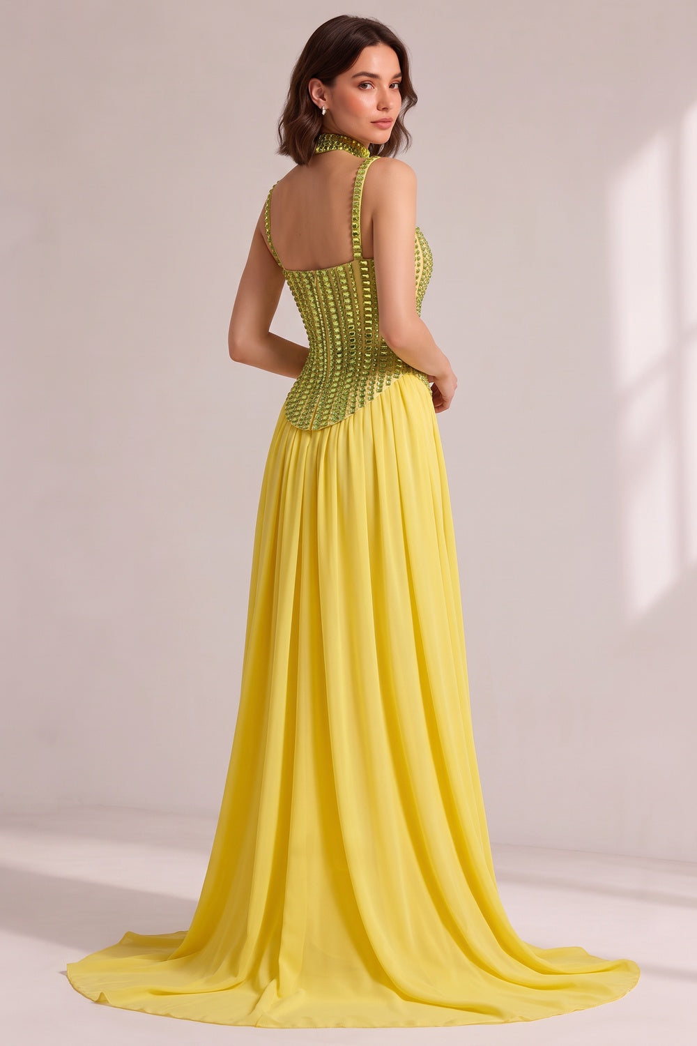 LIME GREEN RHINESTONE CHOKER PLEATED CHIFFON TRAIN GOWN