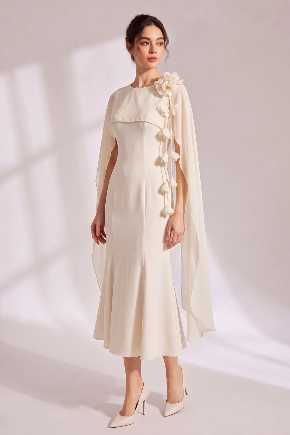 5a3eebf5b19f2902 3D FLORAL CHIFFON CAPE MIDI MERMAID DRESS